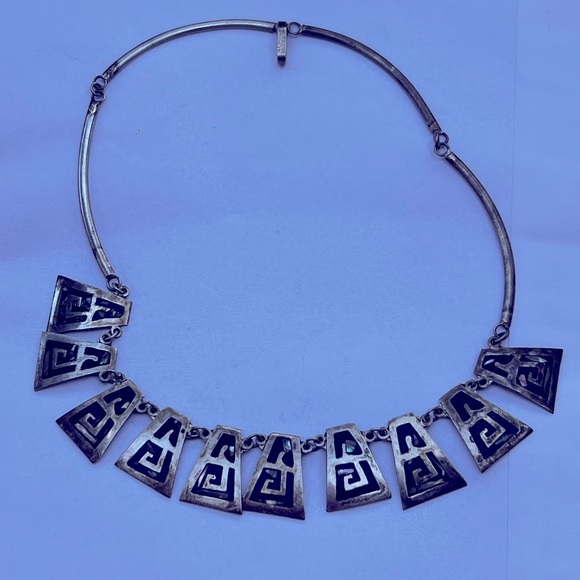 Mexico Alpaca Greek Key Design Black Enamel Necklace Vintage-earring Set - Picture 1 of 6